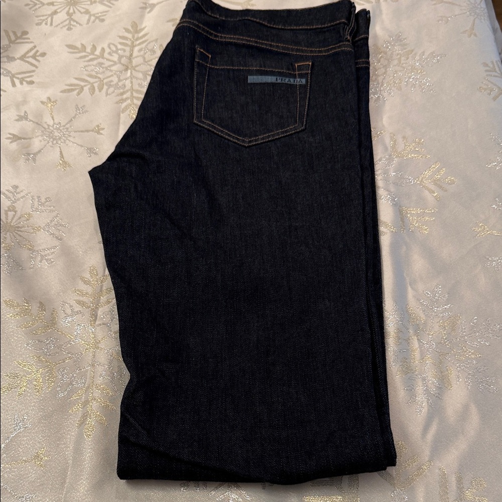 VINTAGE Prada DARK WASH Navy Denim with Mustard Stitching NWOT SIZE 32